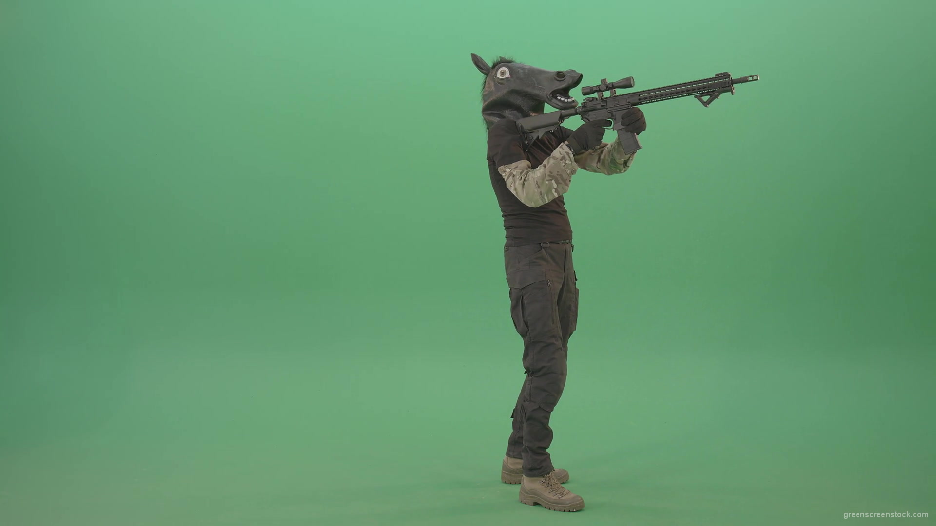 Funny-Army-Horse-Man-shooting-animals-on-Green-Screen-from-Machine-Gun-4K-Video-Footage-1920_009 Green Screen Stock