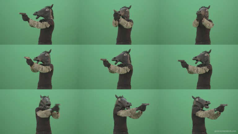 Funny-Horse-Man-in-Mask-shooting-enemies-isolated-on-green-screen-4K-Video-Footage-1920 Green Screen Stock