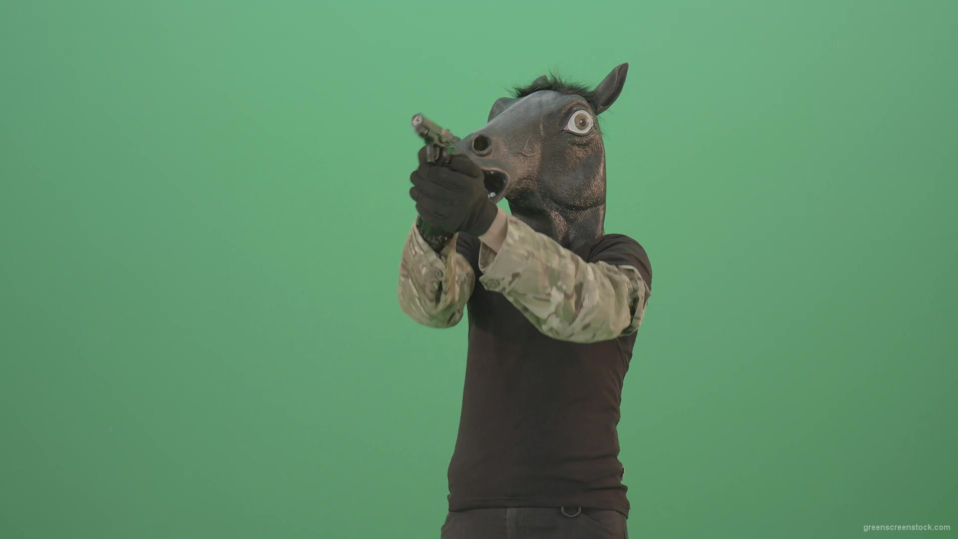Funny-Horse-Man-in-Mask-shooting-enemies-isolated-on-green-screen-4K-Video-Footage-1920_002 Green Screen Stock
