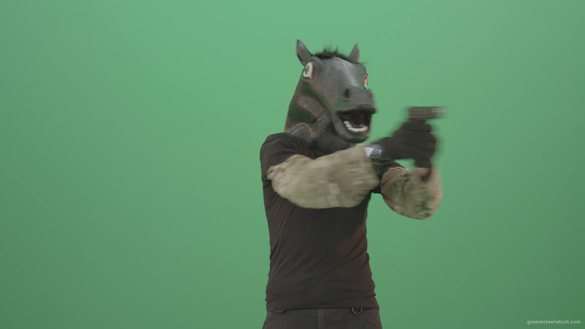 Funny-Horse-Man-in-Mask-shooting-enemies-isolated-on-green-screen-4K-Video-Footage-1920_007 Green Screen Stock