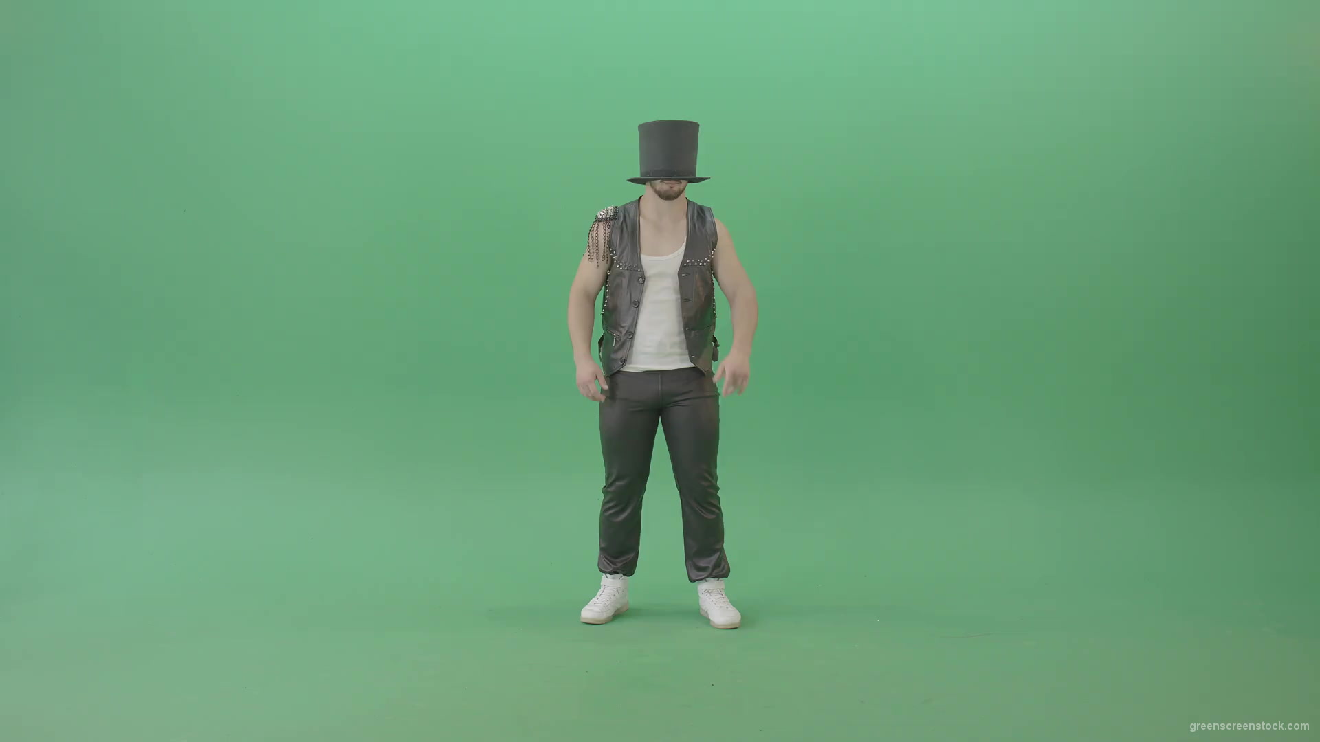Funny-Man-in-Cylinder-Hat-and-black-fetish-costume-dancing-and-jumping-over-Green-Screen-4K-Video-Footage-1920_001 Green Screen Stock