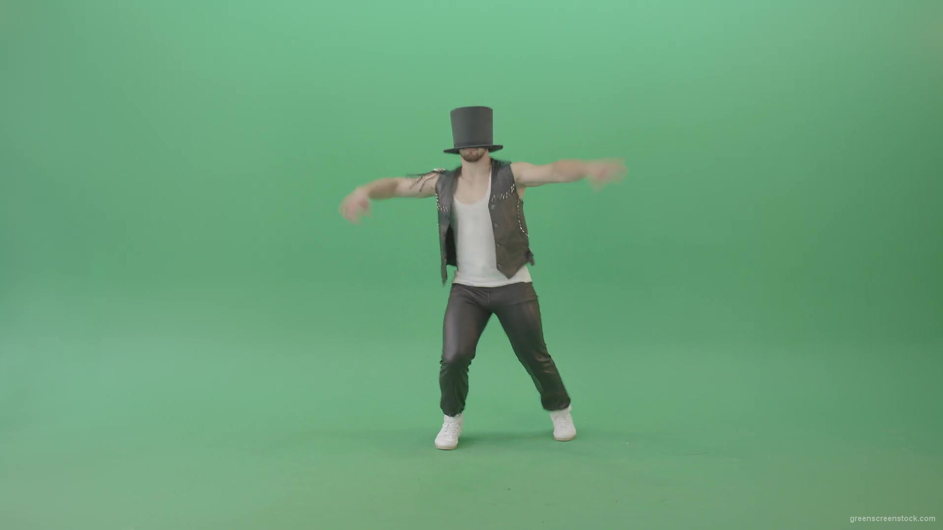 Funny-Man-in-Cylinder-Hat-and-black-fetish-costume-dancing-and-jumping-over-Green-Screen-4K-Video-Footage-1920_002 Green Screen Stock