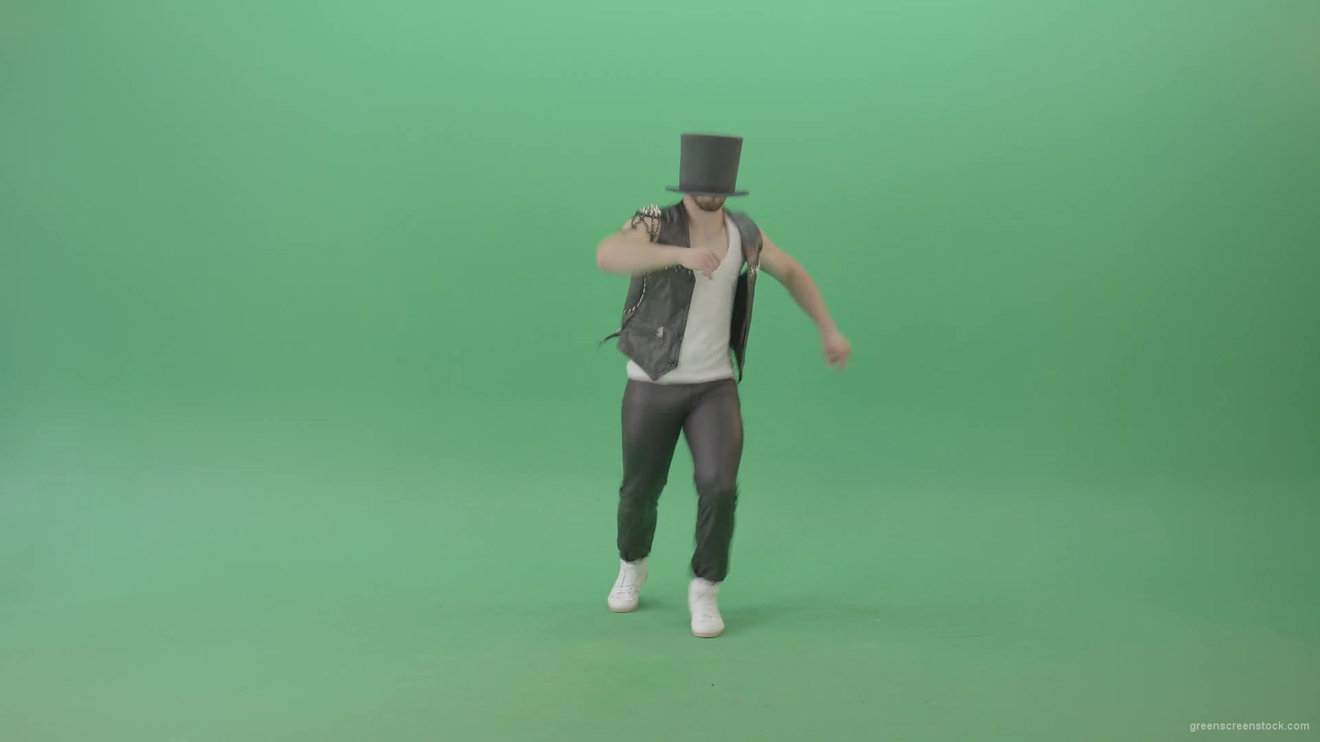 Funny-Man-in-Cylinder-Hat-and-black-fetish-costume-dancing-and-jumping-over-Green-Screen-4K-Video-Footage-1920_004 Green Screen Stock