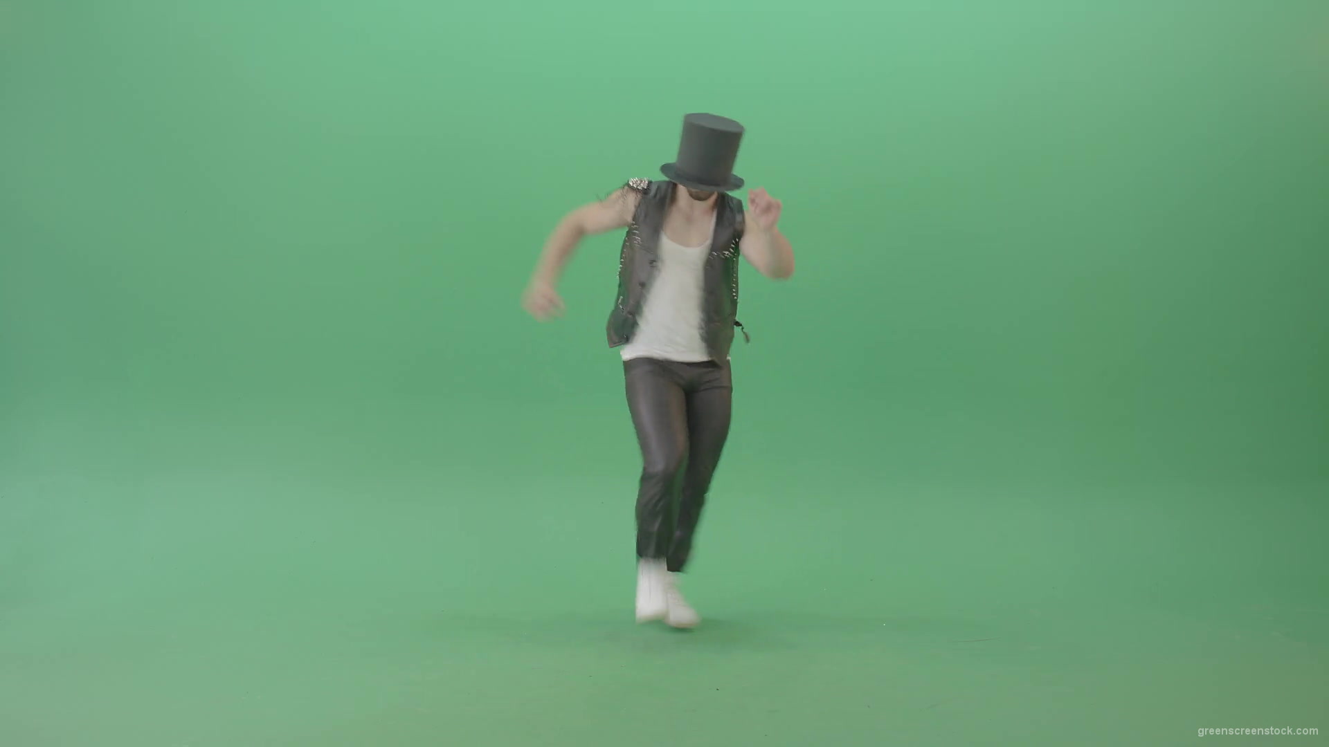 Funny-Man-in-Cylinder-Hat-and-black-fetish-costume-dancing-and-jumping-over-Green-Screen-4K-Video-Footage-1920_005 Green Screen Stock