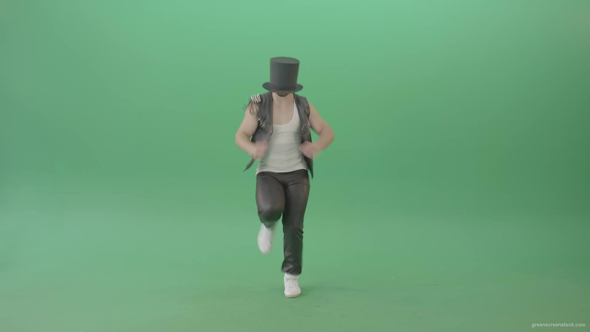 Funny-Man-in-Cylinder-Hat-and-black-fetish-costume-dancing-and-jumping-over-Green-Screen-4K-Video-Footage-1920_007 Green Screen Stock