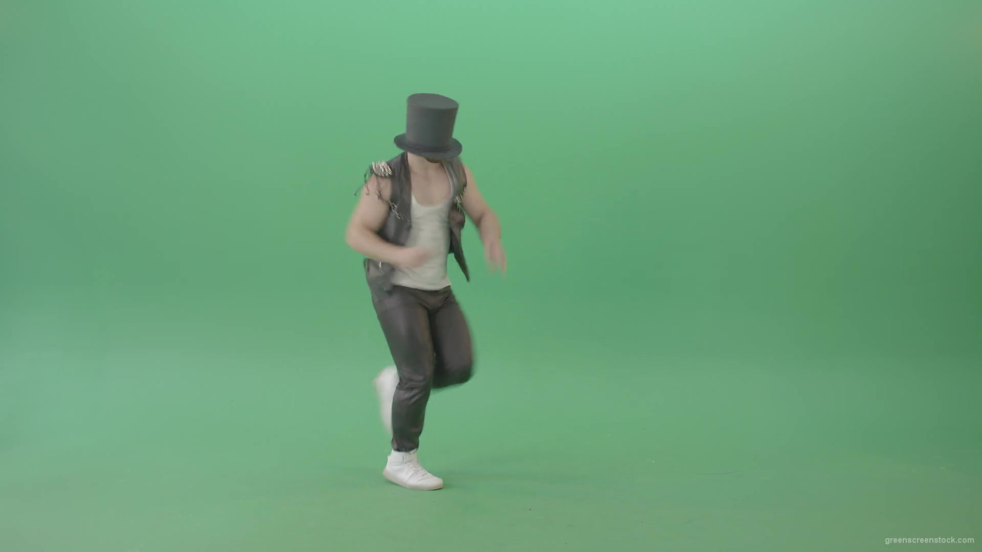 Funny-Man-in-Cylinder-Hat-and-black-fetish-costume-dancing-and-jumping-over-Green-Screen-4K-Video-Footage-1920_009 Green Screen Stock