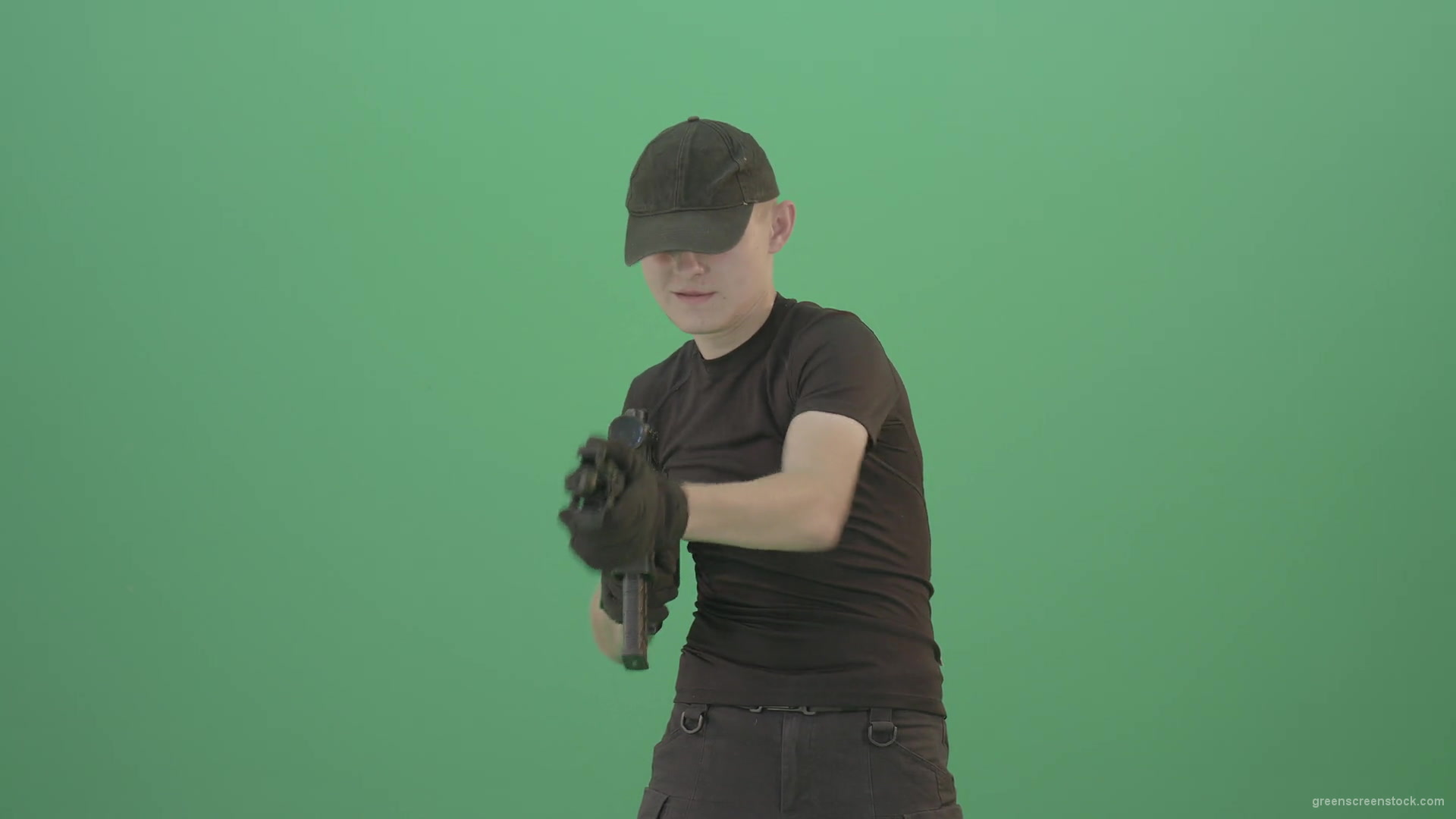 Funny-Small-boy-terrorist-shooting-enemies-from-machine-gun-isolated-on-green-screen-4K-Video-Footage-1920_005 Green Screen Stock