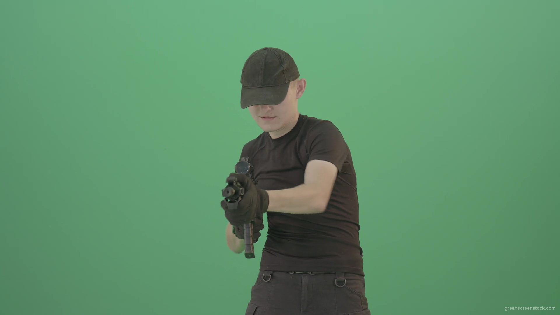 Funny-Small-boy-terrorist-shooting-enemies-from-machine-gun-isolated-on-green-screen-4K-Video-Footage-1920_006 Green Screen Stock