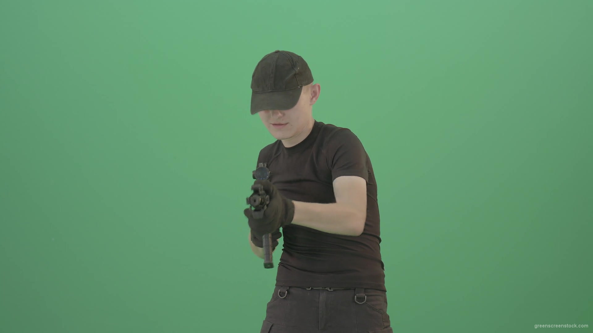 Funny-Small-boy-terrorist-shooting-enemies-from-machine-gun-isolated-on-green-screen-4K-Video-Footage-1920_009 Green Screen Stock