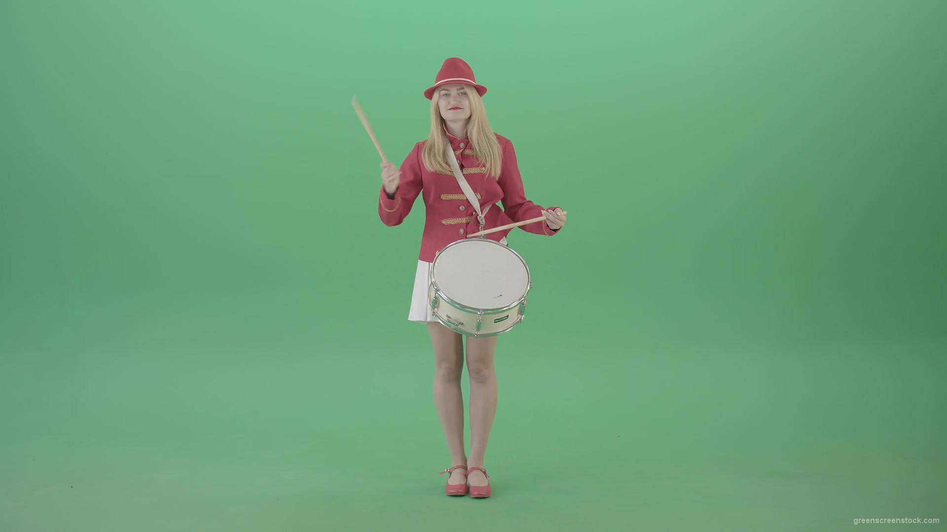 Girl-in-18-Century-military-uniform-play-snare-drum-isolated-on-green-screen-4K-Video-Footage-1920_006 Green Screen Stock