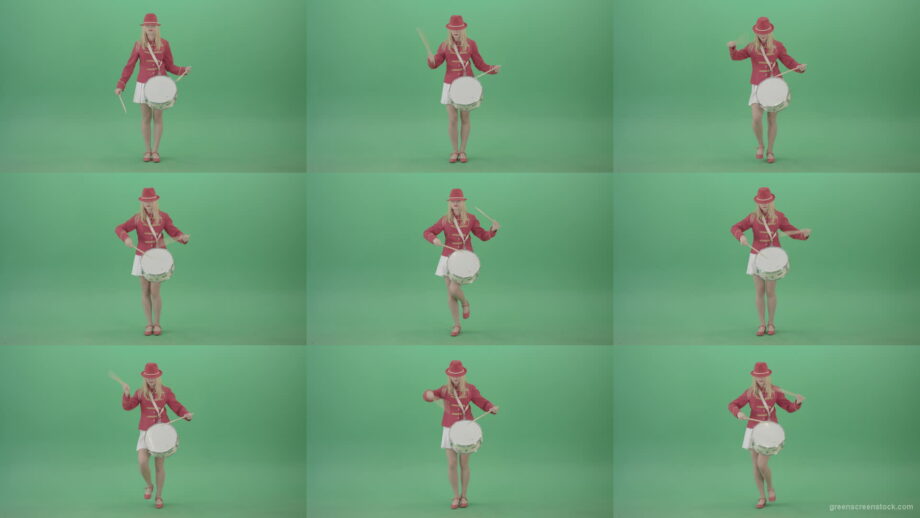 Girl-in-red-dress-marching-and-playing-drum-snare-music-instrument-over-green-screen-4K-Video-Footage-1920 Green Screen Stock