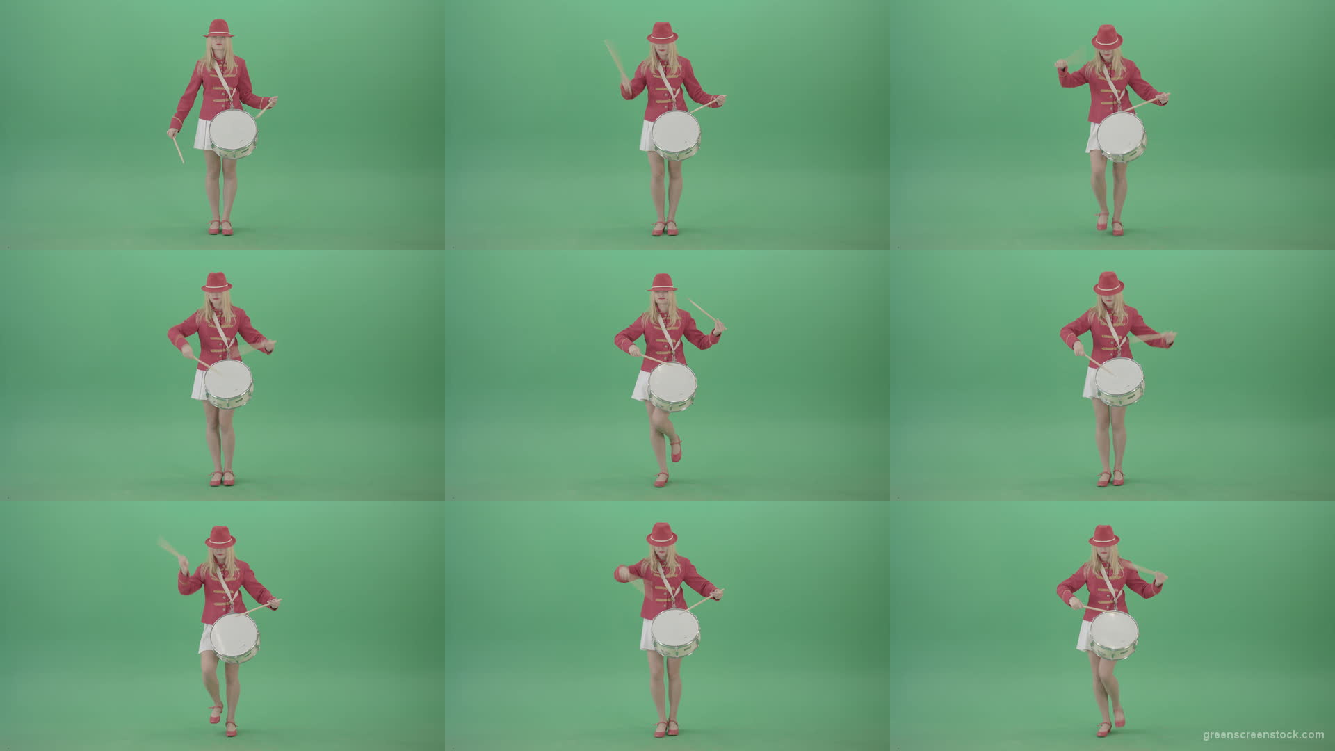 Girl-in-red-dress-marching-and-playing-drum-snare-music-instrument-over-green-screen-4K-Video-Footage-1920 Green Screen Stock