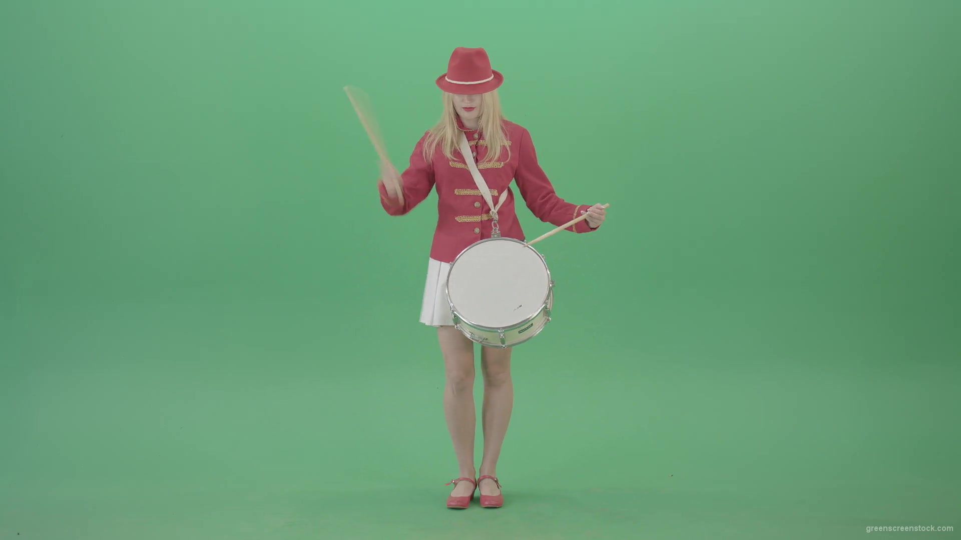 Girl-in-red-dress-marching-and-playing-drum-snare-music-instrument-over-green-screen-4K-Video-Footage-1920_002 Green Screen Stock