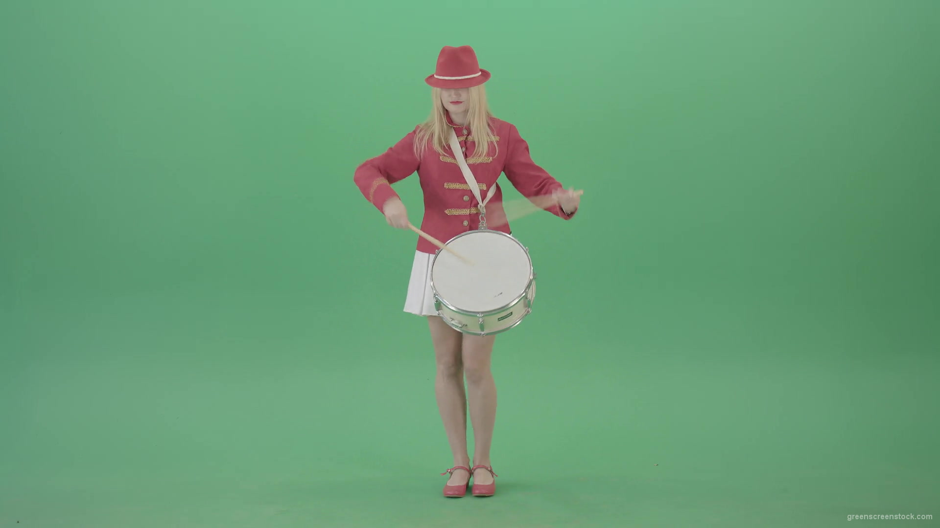Girl-in-red-dress-marching-and-playing-drum-snare-music-instrument-over-green-screen-4K-Video-Footage-1920_004 Green Screen Stock