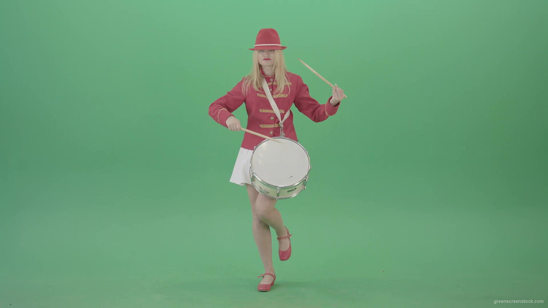 Girl-in-red-dress-marching-and-playing-drum-snare-music-instrument-over-green-screen-4K-Video-Footage-1920_005 Green Screen Stock