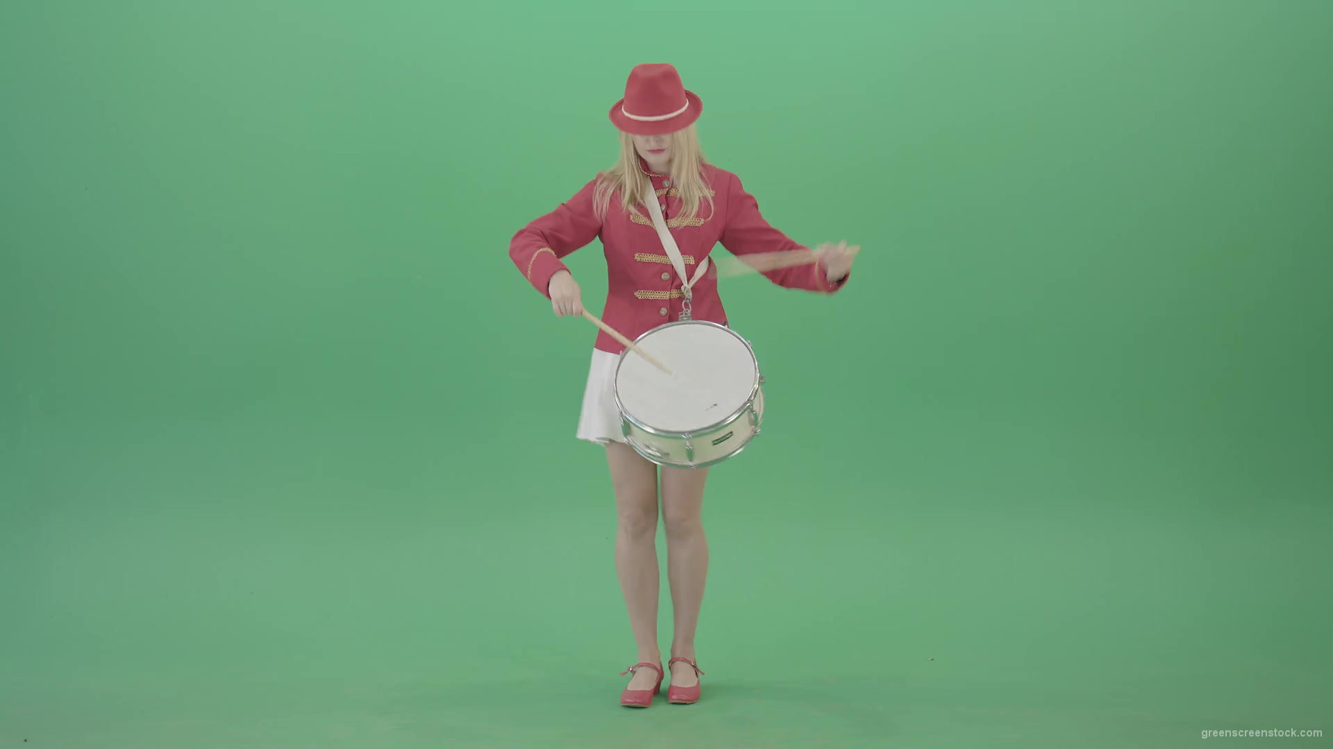 Girl-in-red-dress-marching-and-playing-drum-snare-music-instrument-over-green-screen-4K-Video-Footage-1920_006 Green Screen Stock