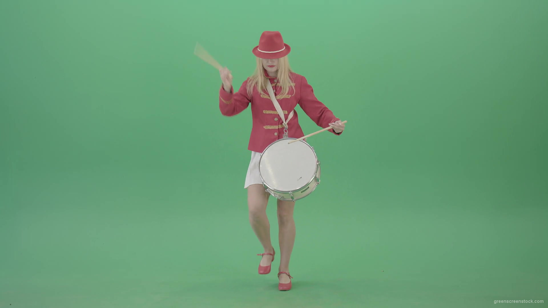 Girl-in-red-dress-marching-and-playing-drum-snare-music-instrument-over-green-screen-4K-Video-Footage-1920_007 Green Screen Stock