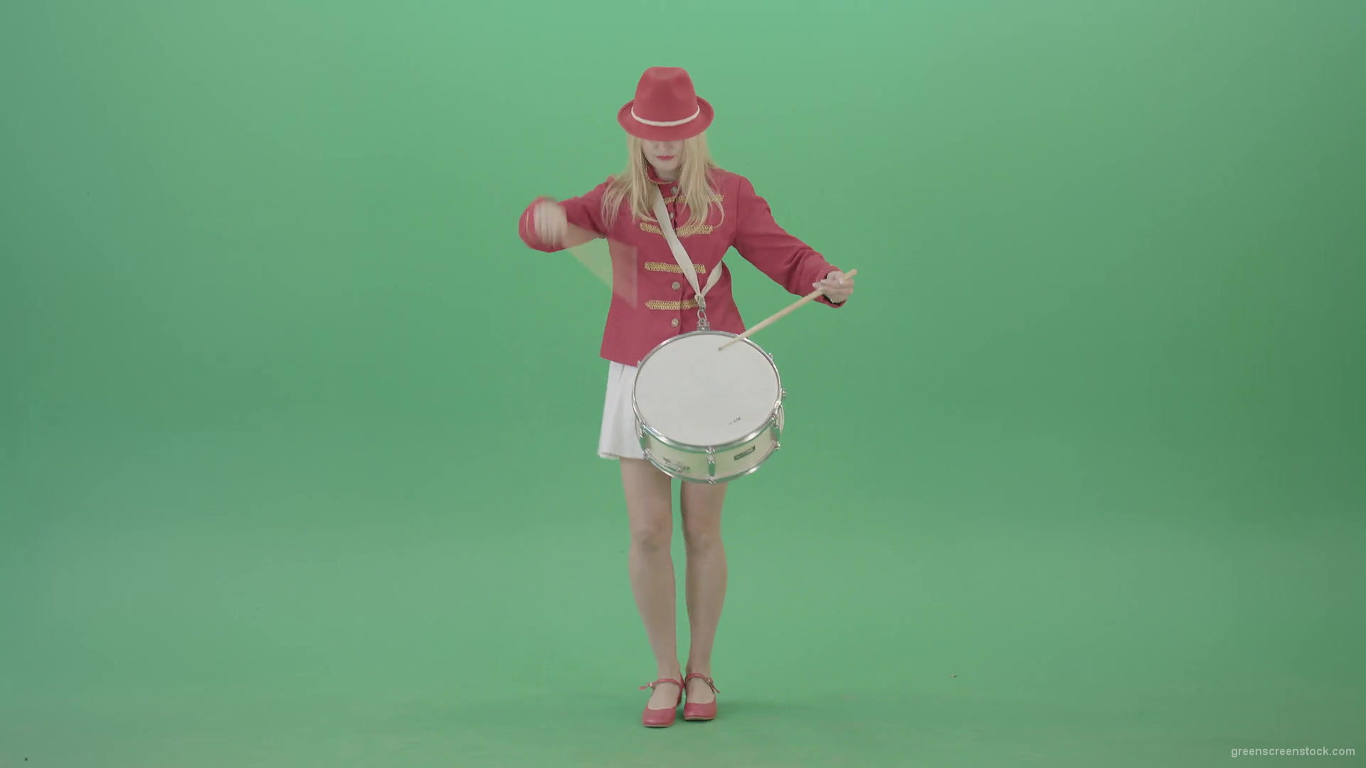 Girl-in-red-dress-marching-and-playing-drum-snare-music-instrument-over-green-screen-4K-Video-Footage-1920_008 Green Screen Stock