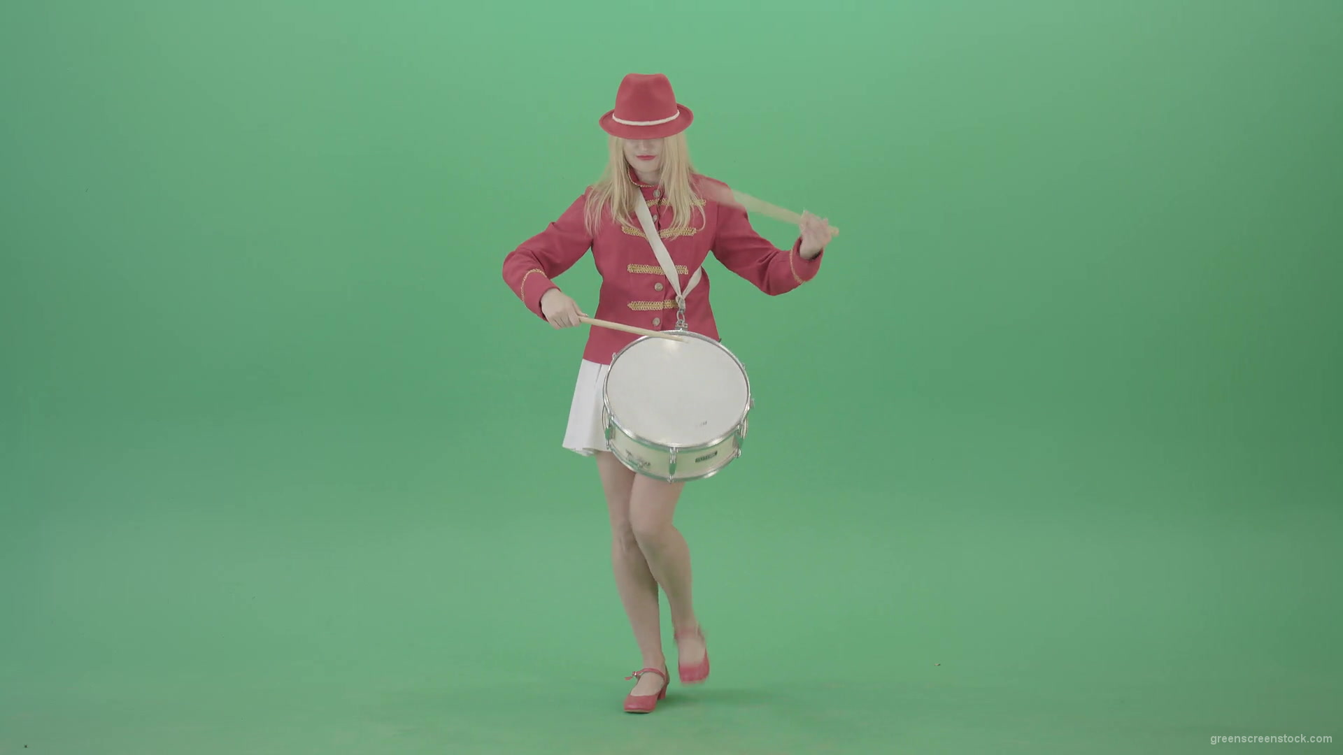 Girl-in-red-dress-marching-and-playing-drum-snare-music-instrument-over-green-screen-4K-Video-Footage-1920_009 Green Screen Stock