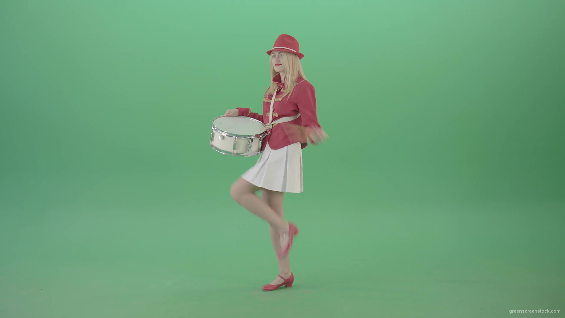 Girl-in-red-uniform-marching-and-play-snare-drum-on-green-screen-4K-Video-Footage-1920_002 Green Screen Stock