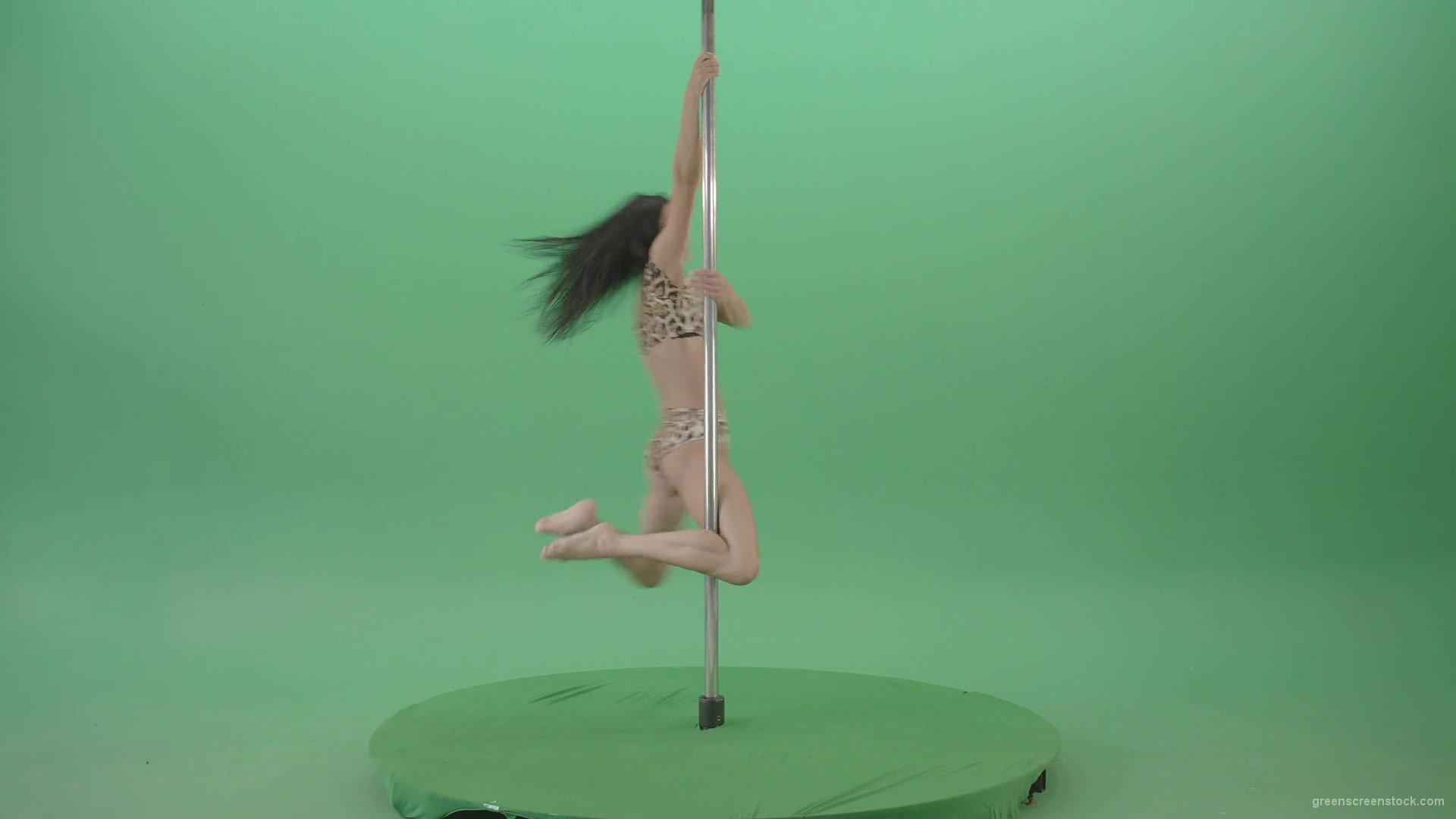 Glamor-girl-in-leopard-underwear-dancing-on-pilon-Pole-dance-and-spinning-isolated-on-Green-Screen-Video-Footage-1920_005 Green Screen Stock
