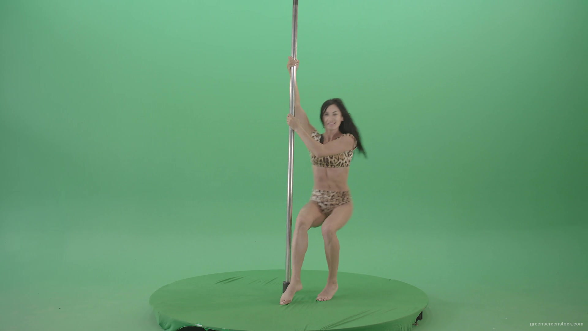 Glamor-girl-in-leopard-underwear-dancing-on-pilon-Pole-dance-and-spinning-isolated-on-Green-Screen-Video-Footage-1920_009 Green Screen Stock