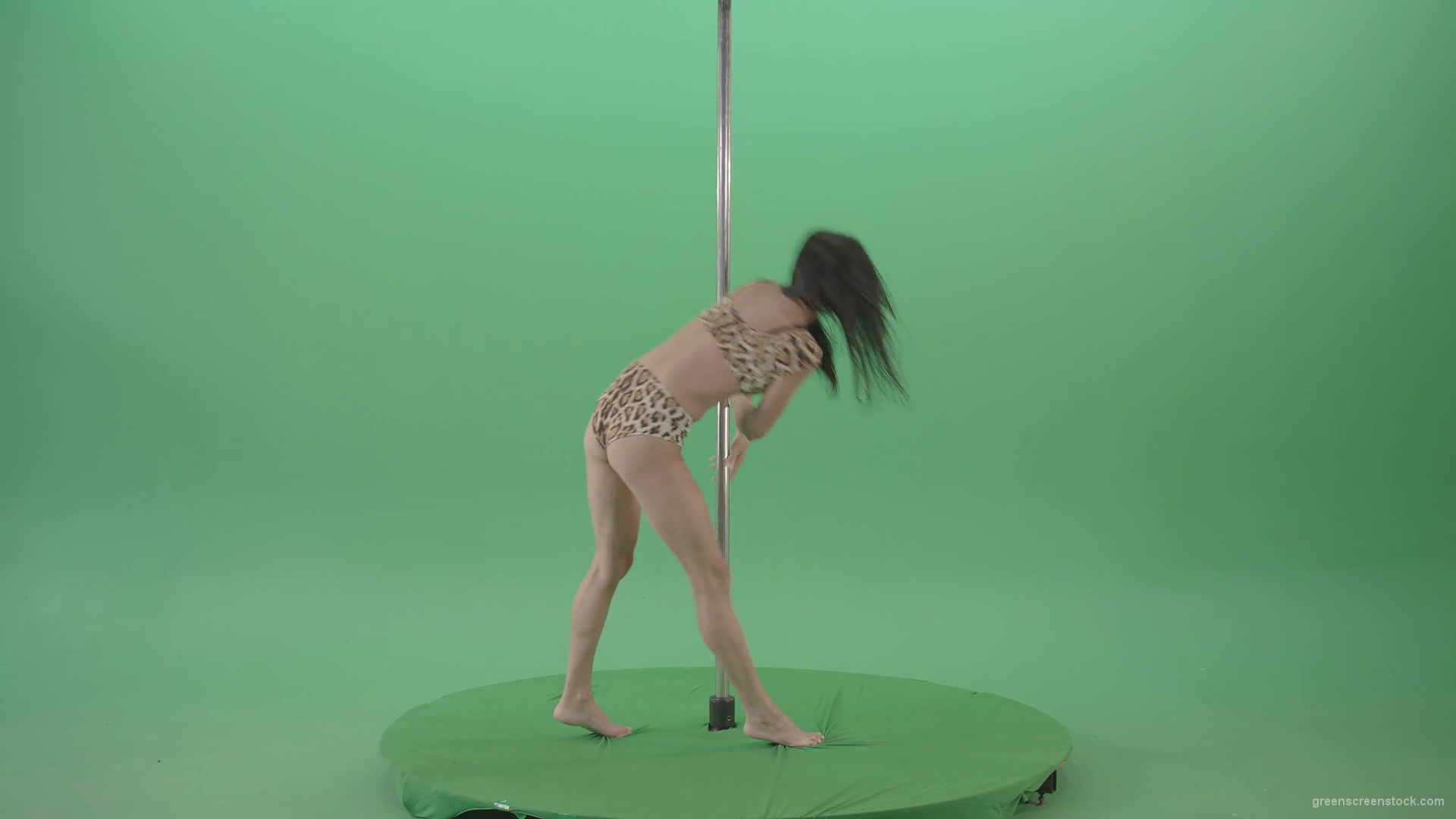Gymnast-Girl-in-leopard-animal-underwear-spinning-fast-in-pole-dance-isolated-on-Green-Screen-4K-Video-Footage-1920_009 Green Screen Stock