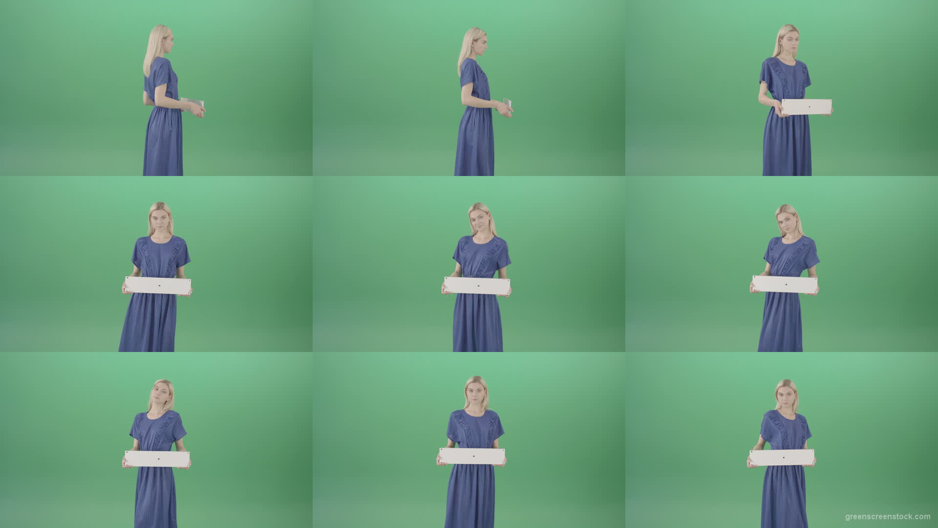 Housewife-in-blue-dress-and-with-text-plane-mockup-posing-isolated-on-Green-Screen-4K-Video-Footage-1-1920 Green Screen Stock