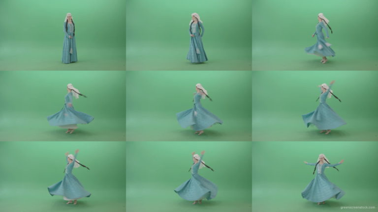 Iberian-Colchis-Woman-spinning-Georgian-Perkhuli-dance-in-blue-dress-isolated-on-Green-Screen-4K-Video-Footage-1920 Green Screen Stock