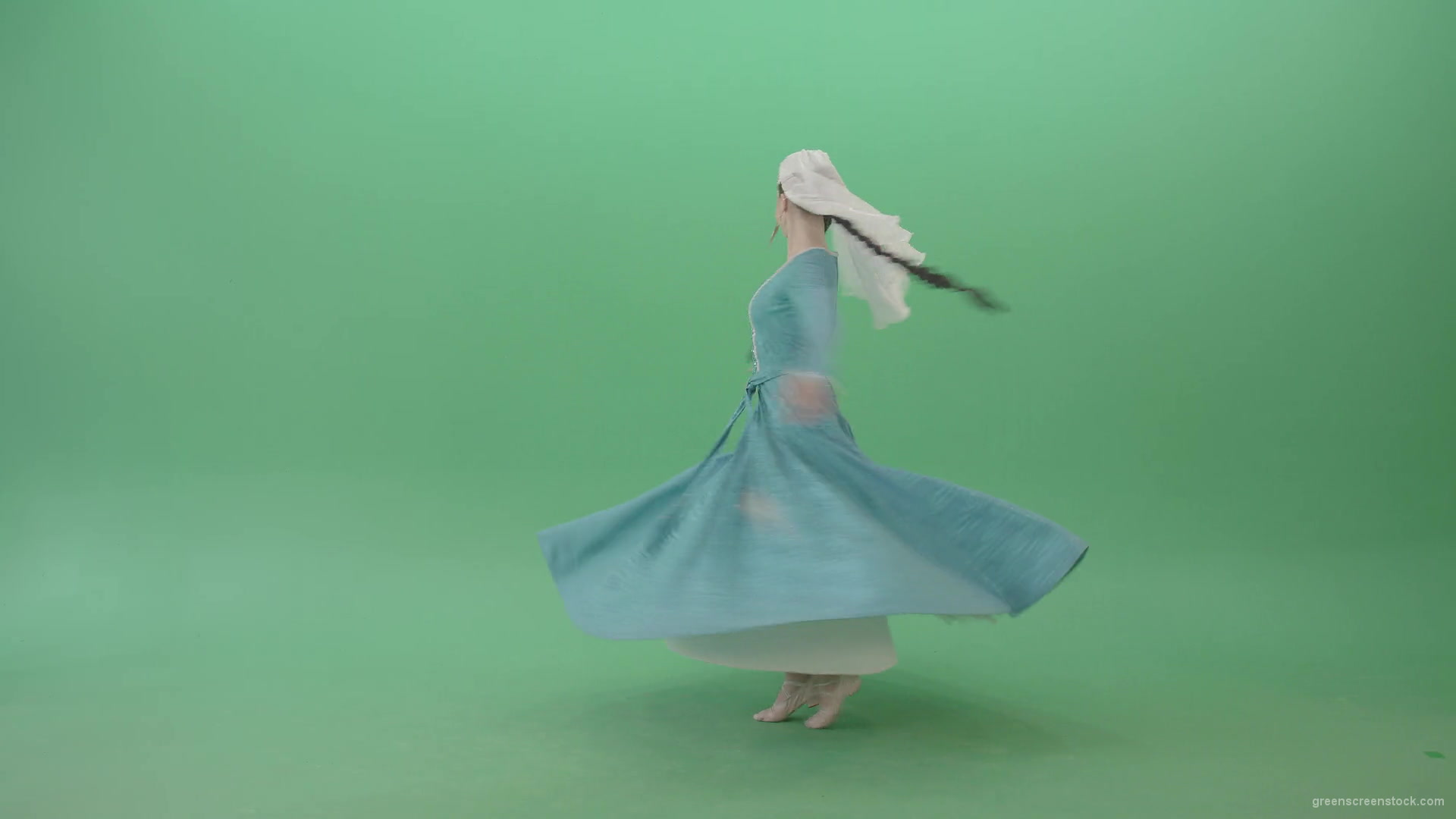 Iberian-Colchis-Woman-spinning-Georgian-Perkhuli-dance-in-blue-dress-isolated-on-Green-Screen-4K-Video-Footage-1920_004 Green Screen Stock