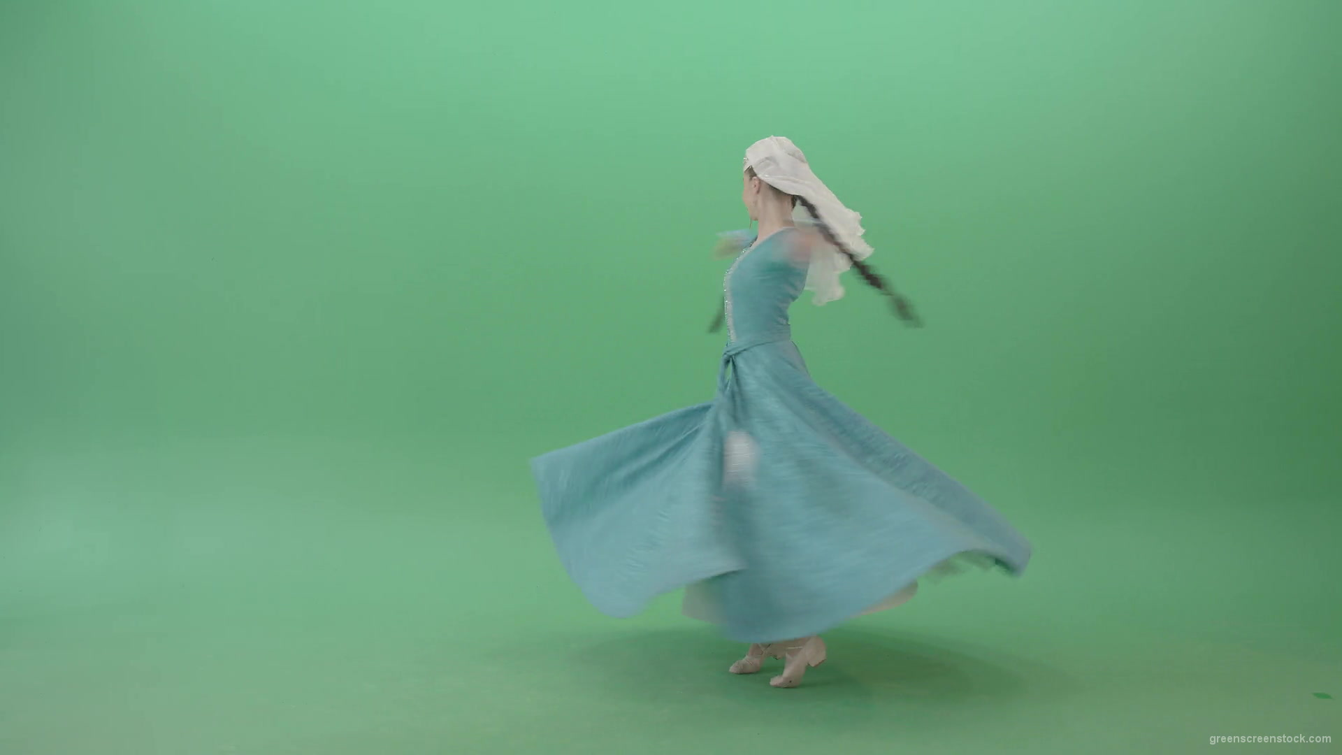 Iberian-Colchis-Woman-spinning-Georgian-Perkhuli-dance-in-blue-dress-isolated-on-Green-Screen-4K-Video-Footage-1920_005 Green Screen Stock