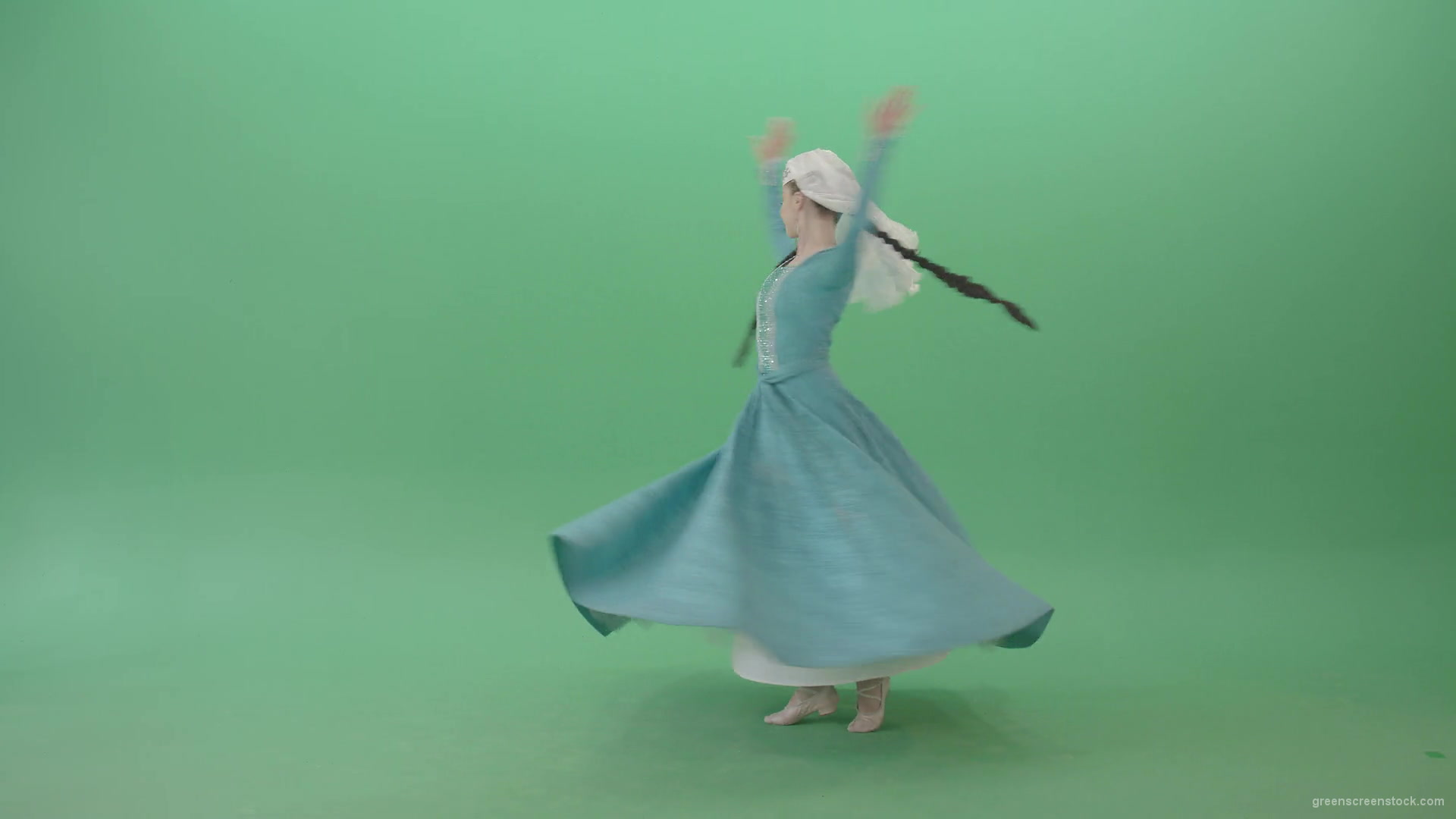 Iberian-Colchis-Woman-spinning-Georgian-Perkhuli-dance-in-blue-dress-isolated-on-Green-Screen-4K-Video-Footage-1920_007 Green Screen Stock