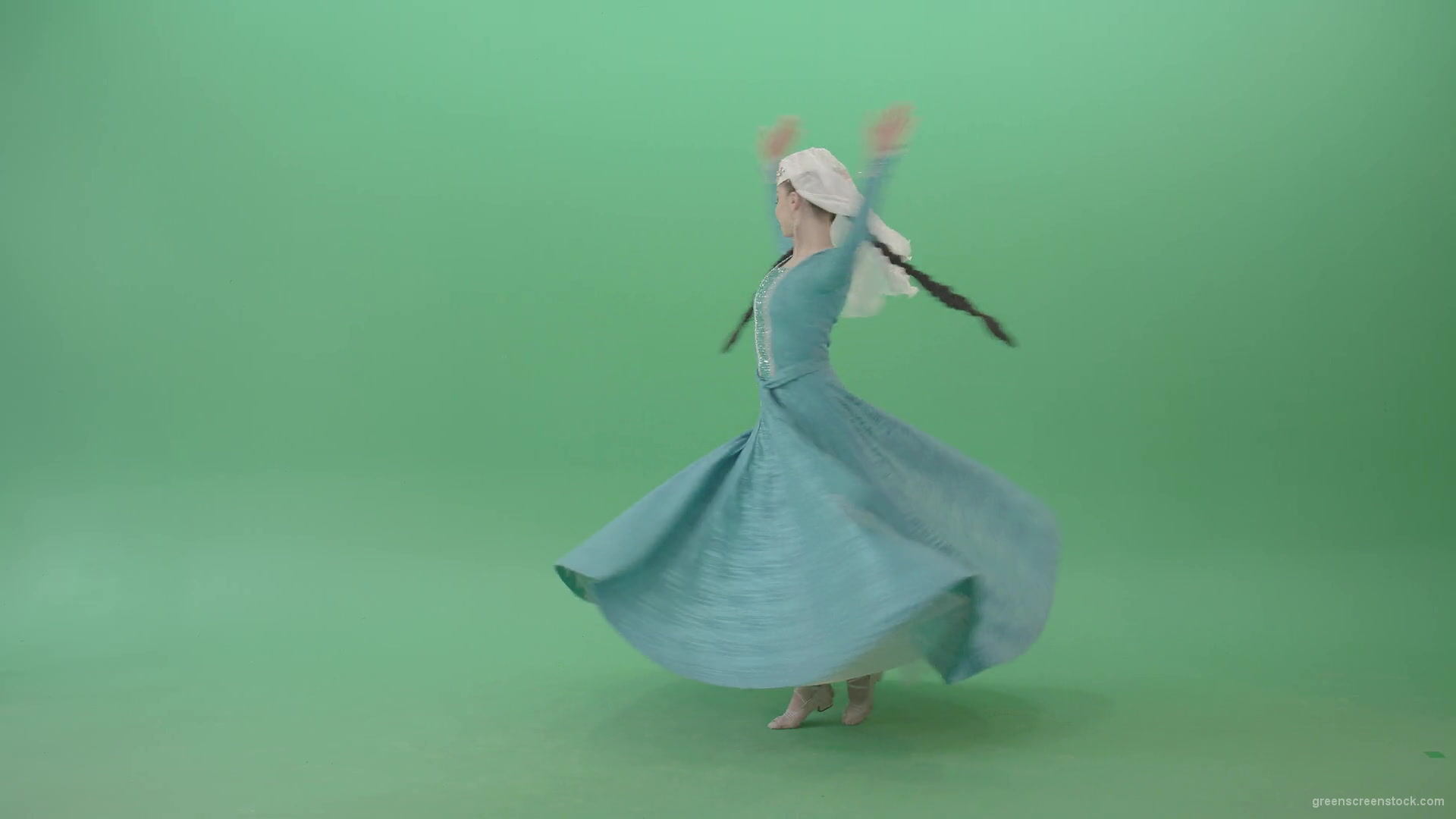Iberian-Colchis-Woman-spinning-Georgian-Perkhuli-dance-in-blue-dress-isolated-on-Green-Screen-4K-Video-Footage-1920_008 Green Screen Stock