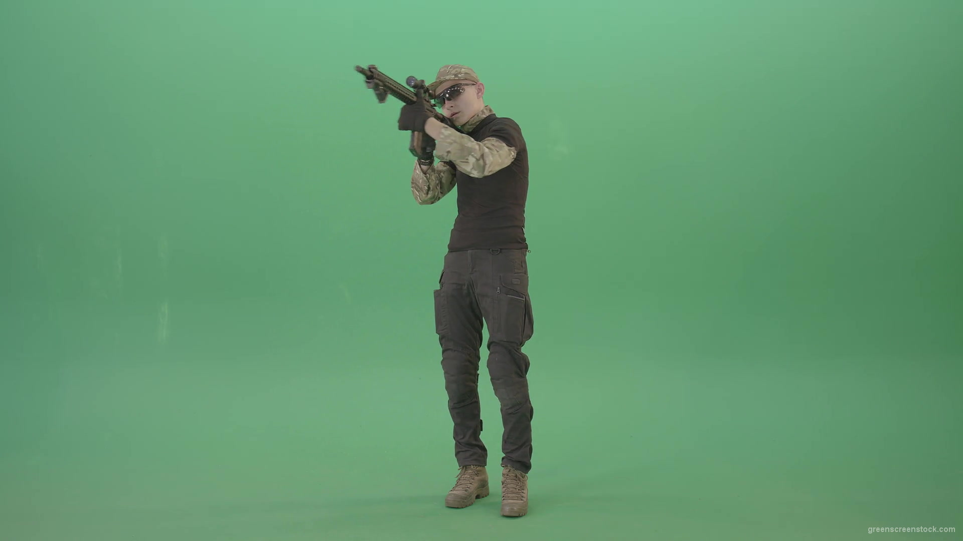 vj video background Man-in-Military-uniform-shooting-with-Army-machine-gun-isolated-on-Green-Screen-4K-Video-Footage-1920_003