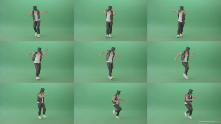 Man-in-black-Busines-Cylinder-Hat-dancing-and-jumping-in-Shuffle-dance-isolated-on-Green-Screen-4K-Video-Footage-1920 Green Screen Stock