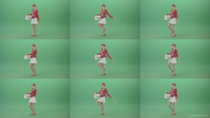 Red-Costume-Girl-in-Side-view-marching-on-green-screen-and-playing-snare-drum-4K-Video-Footage-1920 Green Screen Stock