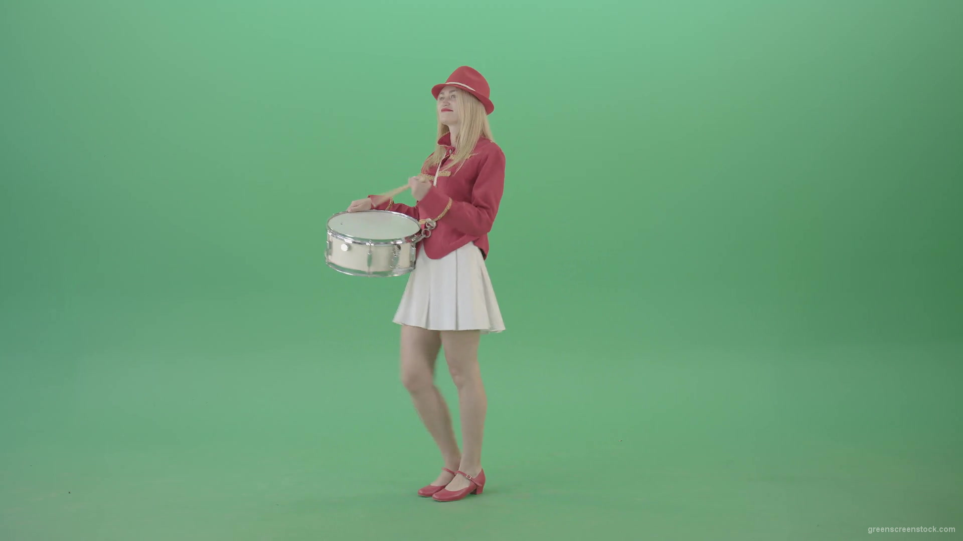 Red-Costume-Girl-in-Side-view-marching-on-green-screen-and-playing-snare-drum-4K-Video-Footage-1920_007 Green Screen Stock