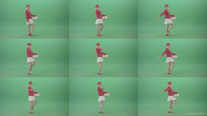 Side-view-marching-girl-play-white-snare-drum-in-red-uniform-on-green-screen-Video-Footage-1920 Green Screen Stock