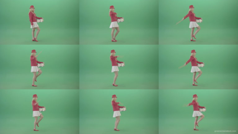 Side-view-marching-girl-play-white-snare-drum-in-red-uniform-on-green-screen-Video-Footage-1920 Green Screen Stock