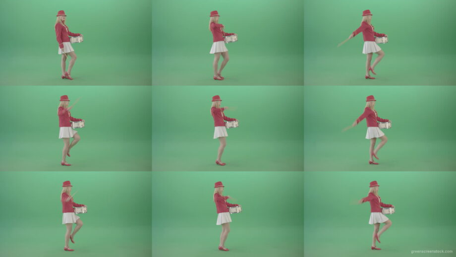 Side-view-marching-girl-play-white-snare-drum-in-red-uniform-on-green-screen-Video-Footage-1920 Green Screen Stock