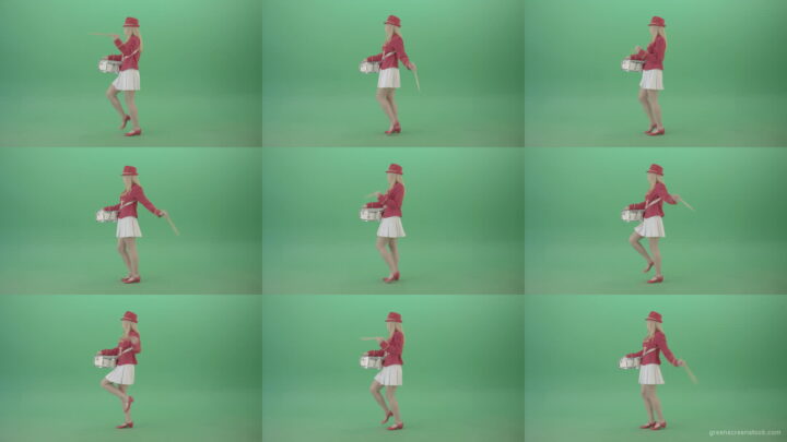 Side-view-of-blonde-girl-in-red-costume-playing-drums-isolated-on-green-screen-4K-Video-Footage-1920 Green Screen Stock