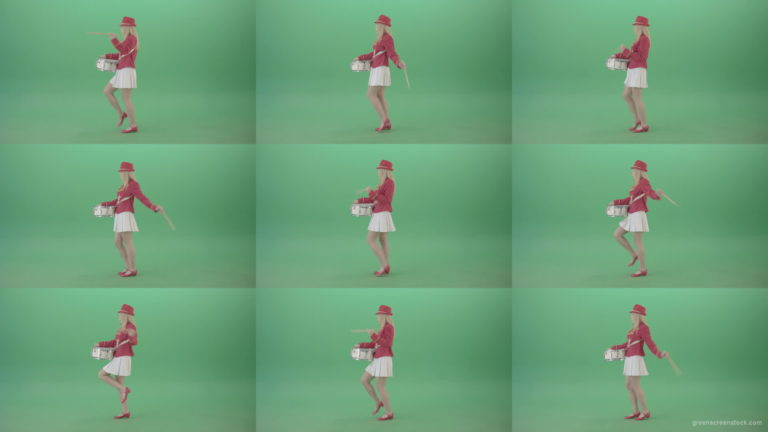 Side-view-of-blonde-girl-in-red-costume-playing-drums-isolated-on-green-screen-4K-Video-Footage-1920 Green Screen Stock