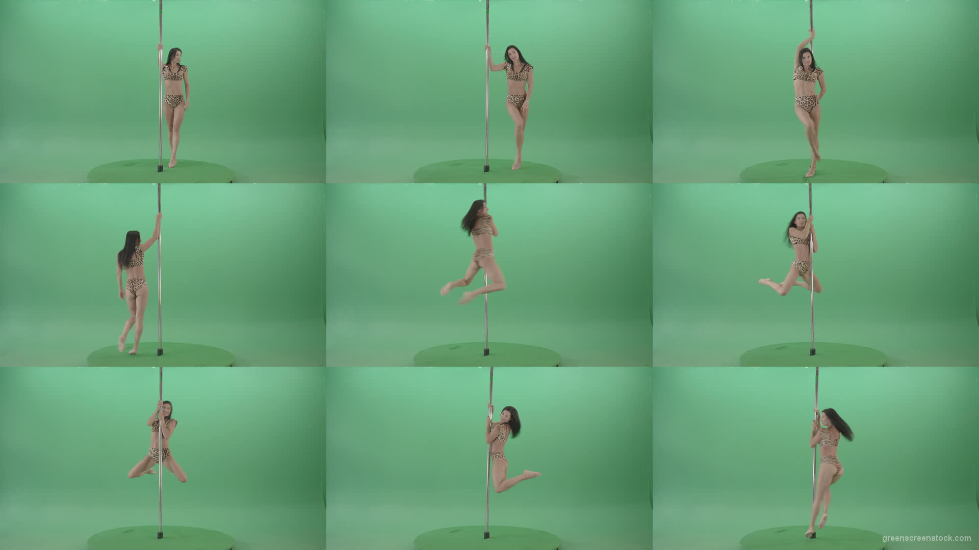 Slim-woman-spinning-in-simple-pose-dancing-pole-dance-in-animal-jaguar-skin-underwear-on-green-screen-4K-Video-Footage-1920 Green Screen Stock