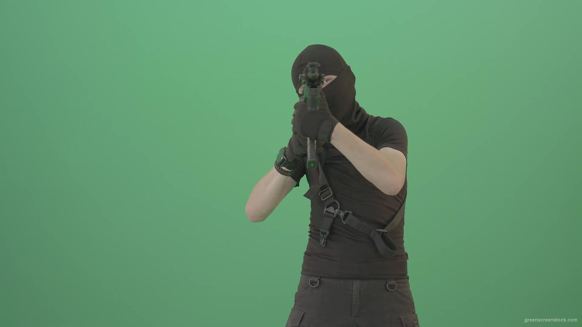 Soldier-in-black-mask-shooting-enemies-with-military-gun-on-green-screen-4K-Video-Footage-1920_004 Green Screen Stock