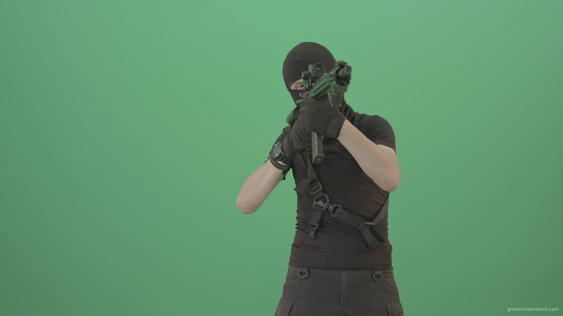 Soldier-in-black-mask-shooting-enemies-with-military-gun-on-green-screen-4K-Video-Footage-1920_005 Green Screen Stock