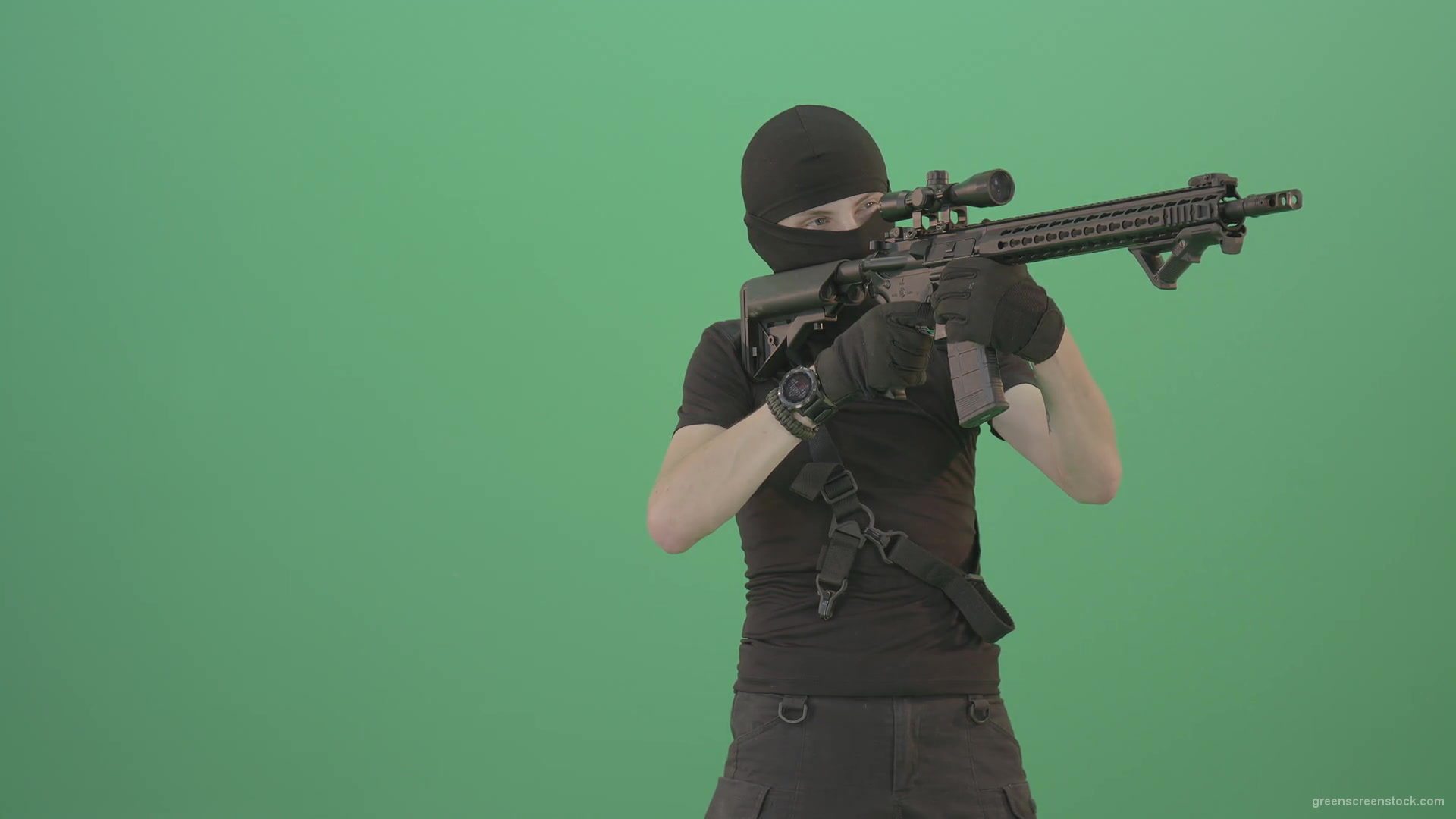 Soldier-in-black-mask-shooting-enemies-with-military-gun-on-green-screen-4K-Video-Footage-1920_007 Green Screen Stock