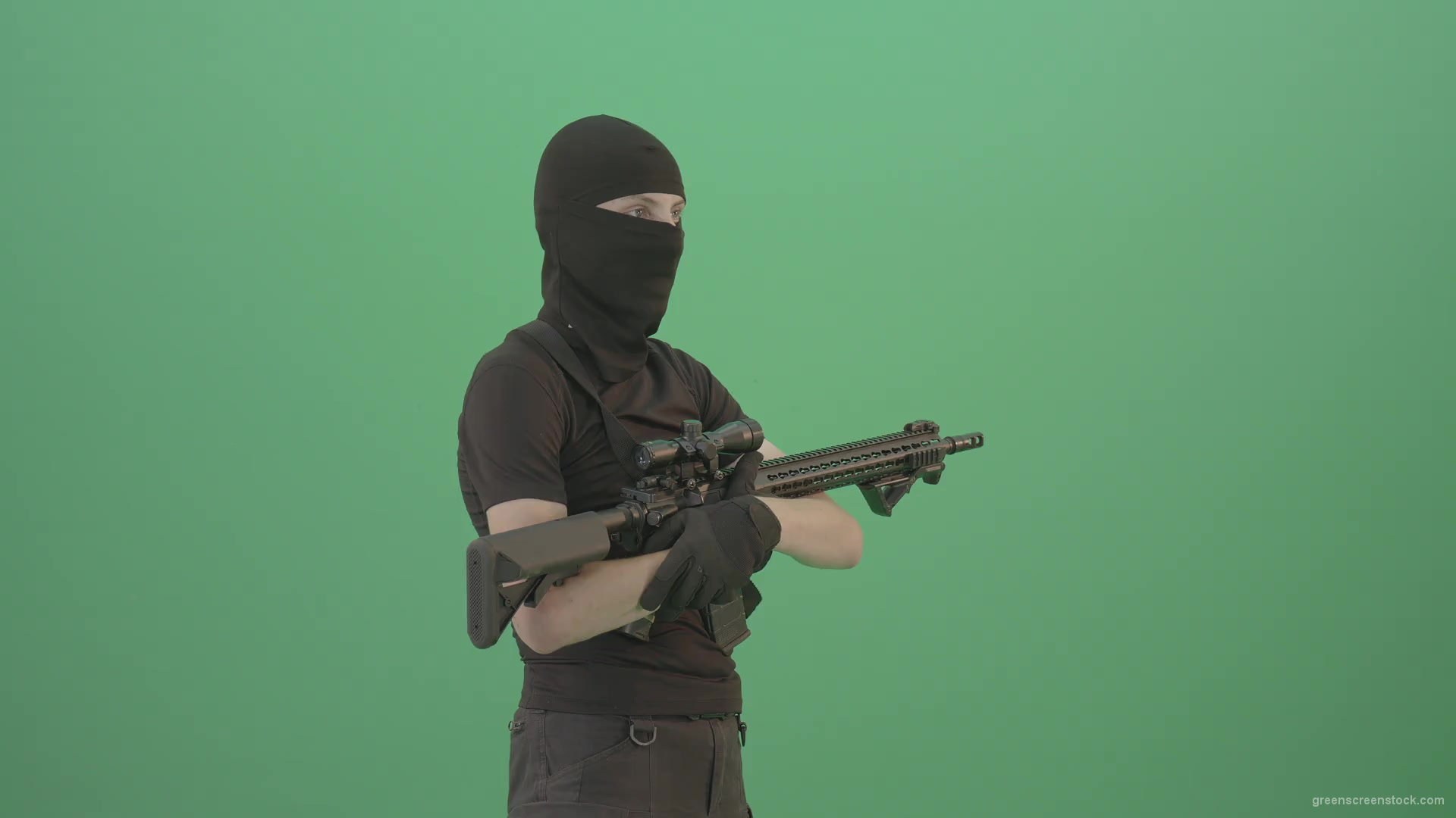 Soldier-man-with-weapon-looking-enemies-isolated-on-green-screen-4K-Video-Footage-1920_001 Green Screen Stock