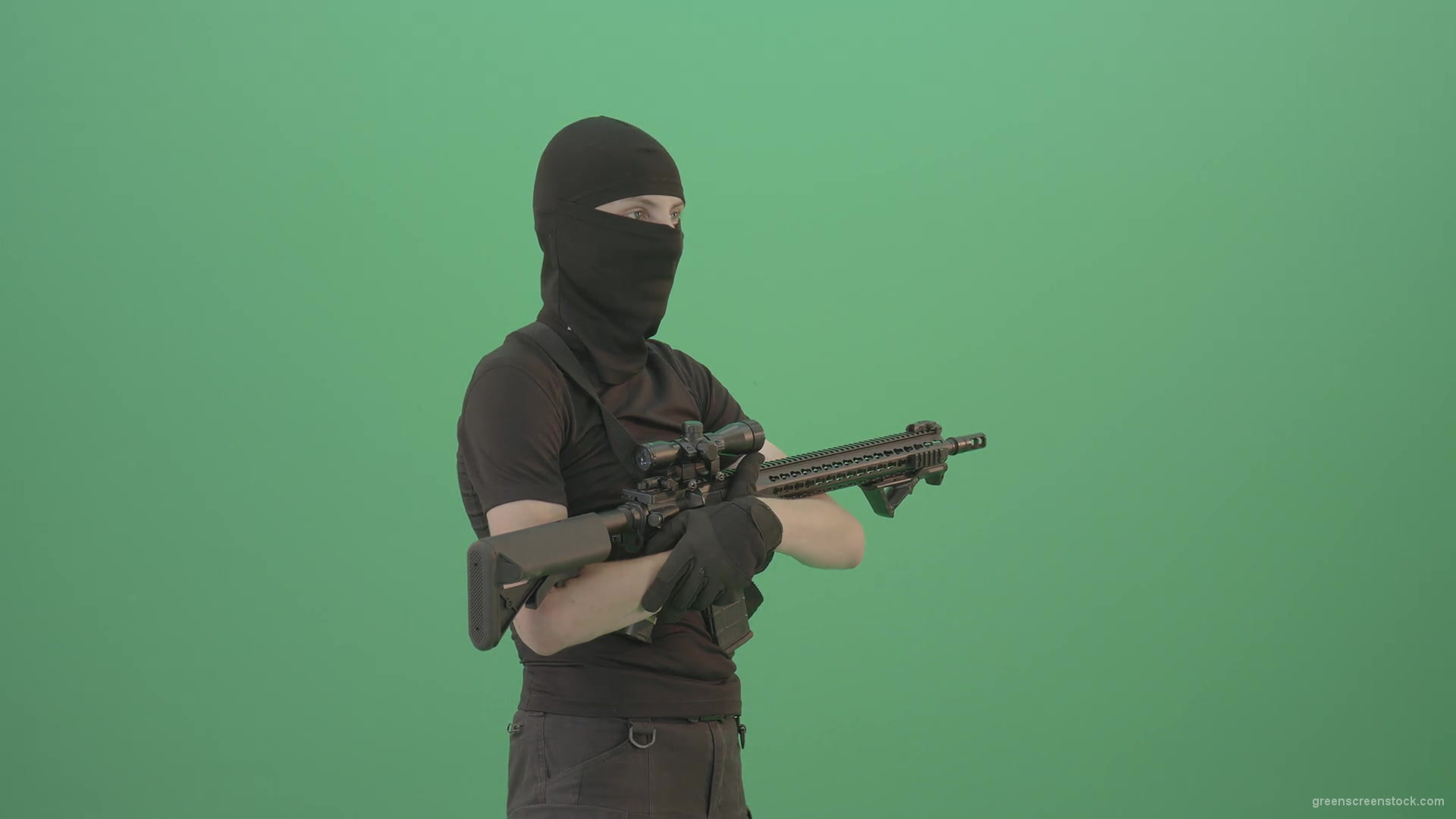 Soldier-man-with-weapon-looking-enemies-isolated-on-green-screen-4K-Video-Footage-1920_002 Green Screen Stock