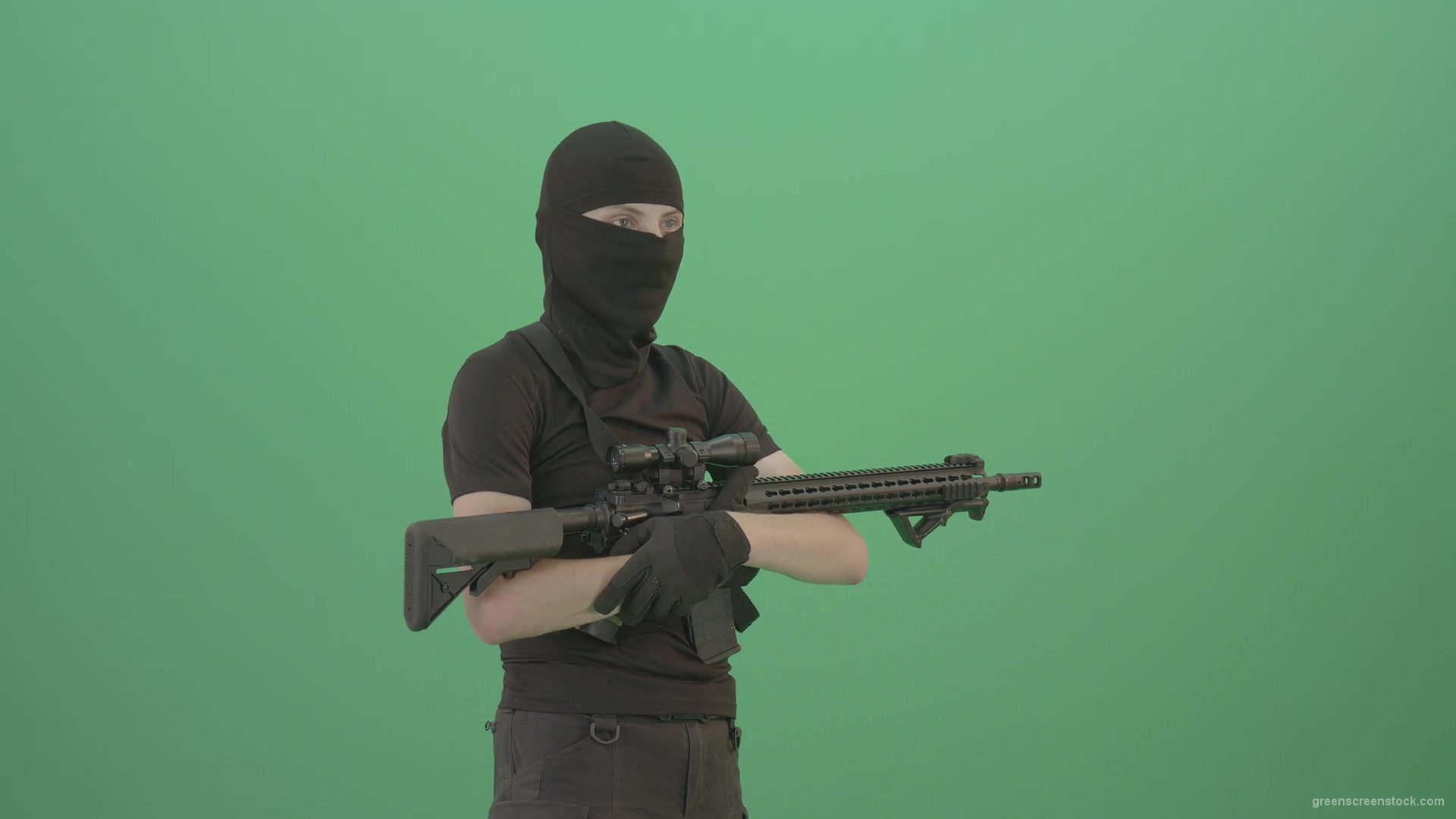 Soldier-man-with-weapon-looking-enemies-isolated-on-green-screen-4K-Video-Footage-1920_005 Green Screen Stock