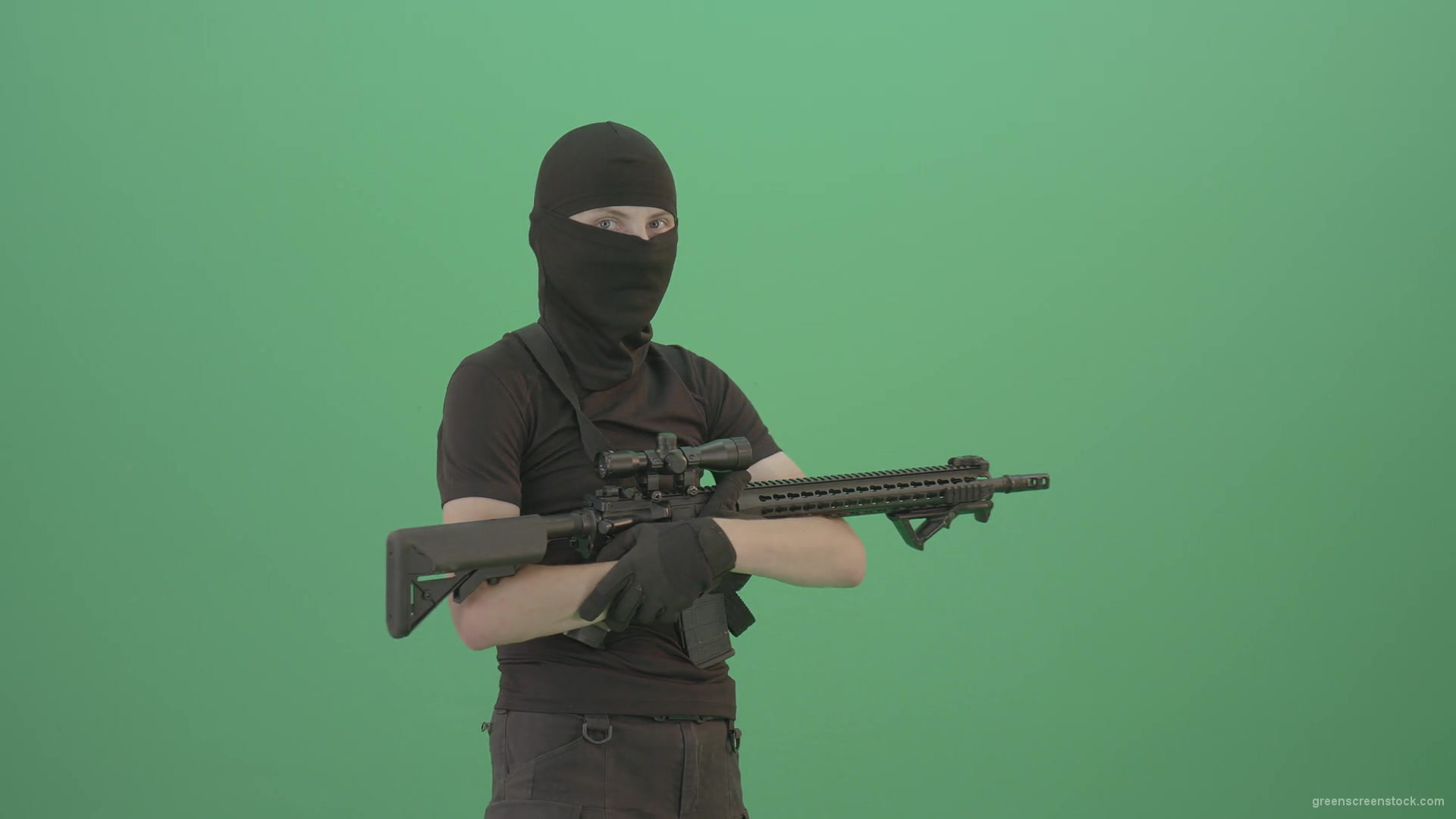 Soldier-man-with-weapon-looking-enemies-isolated-on-green-screen-4K-Video-Footage-1920_008 Green Screen Stock